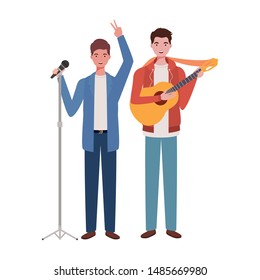 men with musicals instruments on white background