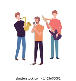 men with musicals instruments on white background