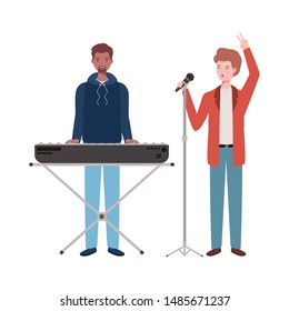 men with musicals instruments on white background
