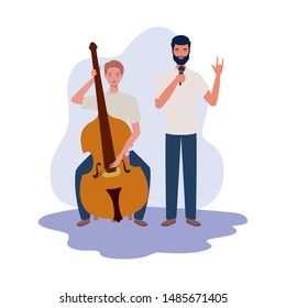 men with musicals instruments on white background