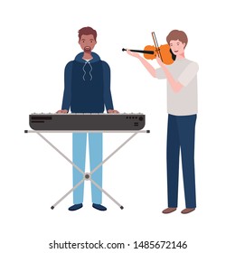 men with musicals instruments on white background