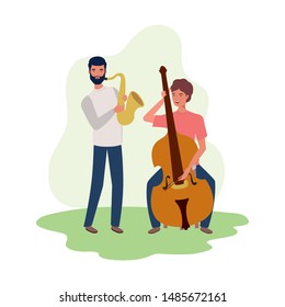 men with musicals instruments on white background