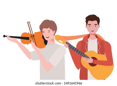 men with musicals instruments on white background