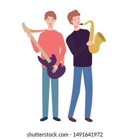 men with musicals instruments on white background