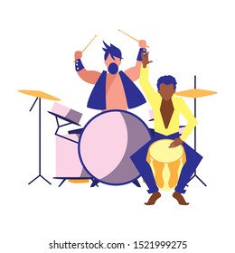 men musicians concert event drum set percussion vector illustration