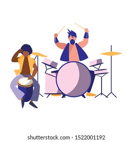 men musicians concert event drum set percussion vector illustration