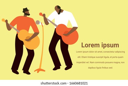 Men Musicians Playing Guitar and Singing in Microphone. Music Festival. Traditional Brazilian Festival. National Holiday of Brazil. Vector Illustration. Advertising Image with Text.