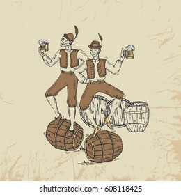 Men in national Czech clothes with beer mugs dance on barrels. Holidays. Czech Beer Festival. Vintage postcard. Vector hand drawn illustration