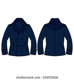 Men Navy Blue Pea Coat Vector Template