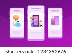 Men near huge smartphone with application icons on the screen checking social media and news feeds. Social media and news tips landing page. UI UX GUI app interface template.