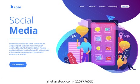 Men near huge smartphone with application icons on the screen checking social media and news feeds. Social media landing page. News tips, IoT and smart city. Violet palette. Vector illustration.
