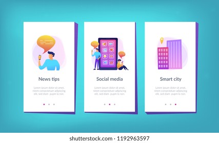 Men near huge smartphone with application icons on the screen checking social media and news feeds. Social media and news tips landing page. UI UX GUI app interface template.