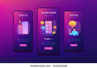 Men near huge smartphone with application icons on the screen checking social media and news feeds. Social media and news tips landing page. UI UX GUI app interface template.