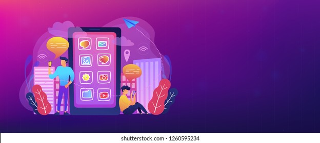 Men near huge smartphone with application icons on the screen checking social media and news feeds. Social media and news tips landing page. Header or footer banner template.