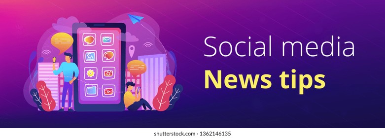 Men near huge smartphone with application icons on the screen checking social media and news feeds. Social media and news tips landing page. Header or footer banner template.