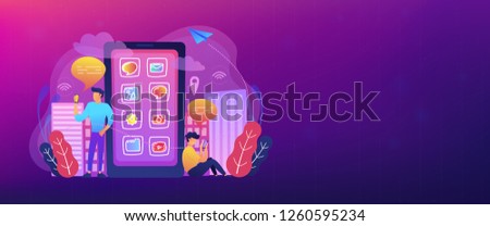 Men near huge smartphone with application icons on the screen checking social media and news feeds. Social media and news tips landing page. Header or footer banner template.