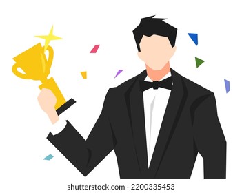 men with neat, formal clothes get awards, trophies. isolated white background. concept of competition, actor, achievement, job, win, etc. flat vector illustration