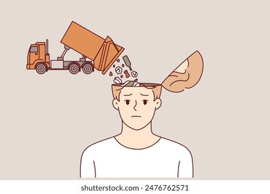 Men need information detox to clear garbage in heads poured out of truck symbolizing fake news. Lack of information detox has led to littering of memory and intellect or drop in motivation