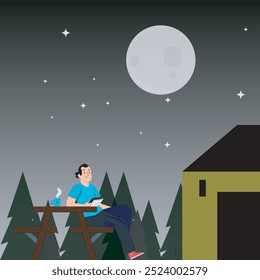 Hombres en camping nocturno. Hombres con café caliente o té ven el modo nocturno de luna llena en el camping con su tienda.