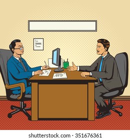 Men in office talk pop art retro style vector illustration. Comic book style imitation. Guy at the interview