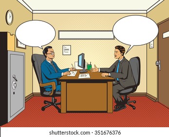 Men in office talk pop art retro style vector illustration. Comic book style imitation. Guy at the interview