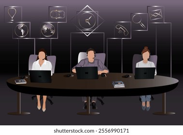 men in a office, working in call center, , logistics, fast express, laptop, computer, businessman vector,book and copybook in a table, coffee, mouse, headphone, letter, phone, search, clock, pen