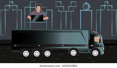 men in a office, working in call center,logistics, fast express,computer, businessman vector,book and copybook in a table, coffee, mouse, headphone, letter, phone, search, delivery, truck