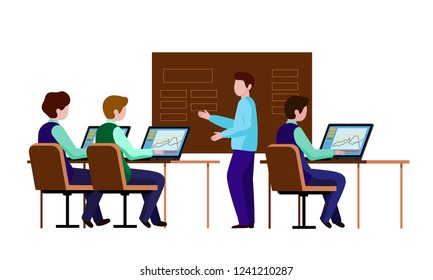 Men in the office working on computers. At the blackboard is the teacher. A group of people sitting in the classroom. Vector illustration, characters in flat style. White background. 