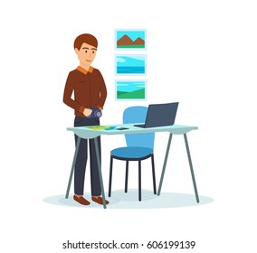 The men in office, working on his laptop, sorting, showing and create photos. Vector illustration isolated in cartoon style.