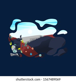 men are on a cliff looking at the beautiful mountains, illustration vector template