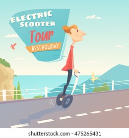 Men on electric scooter. Modern environmental transportation technologies. The poster for the tour and equipment rental.