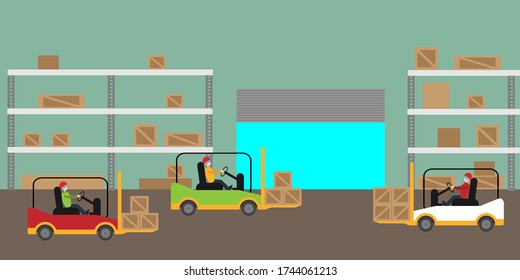 Men on forklifts leave the warehouse with drawers