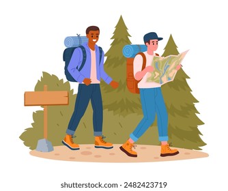 Männer auf Wanderschaft. Wandern Aktivurlauber, männliche Charaktere Outdoor-Abenteuer, Trekking und Rucksacktouren flache Vektorillustration. Jungs wandern auf Trail