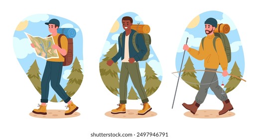 Men on hike. Hiking male tourists, trekking and backpacking characters outdoor adventure flat vector illustration set. Active guys hiking on wild nature trail