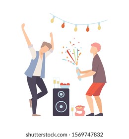 Men On Party Dancing And Exploding Firecracker Vector Illustration Cartoon Character