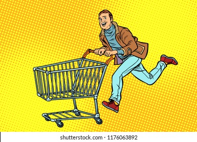 men are on sale. shopping cart shop trolley. Pop art retro vector illustration vintage kitsch