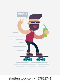 Men on skateboard. Hipster with the glass of cocktail. Flat illustration. Character design