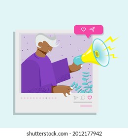 Men on social networks. Vector  flat illustration.