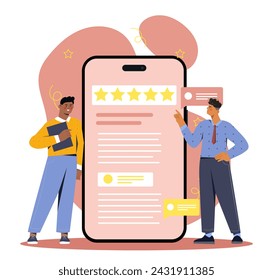 Men with online survey. Customers and clients with ranking and rating. Feedback and reviews for users on internet. Marketing and electronic commerce. Cartoon flat vector illustration