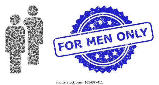 For Men Only rubber stamp seal and vector fractal composition men. Blue stamp seal contains For Men Only tag inside rosette. Vector mosaic is formed from randomized rotated men items.