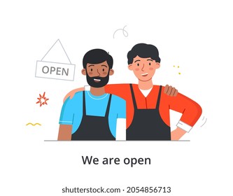 Los hombres abren la tienda. La gente se regocija por la apertura de nuevos canales, hombres de negocios, vendedores. Volver al modo de trabajo, café, tienda, bacería, mercado. Dibujo vectorial plano de dibujos animados aislado en fondo blanco