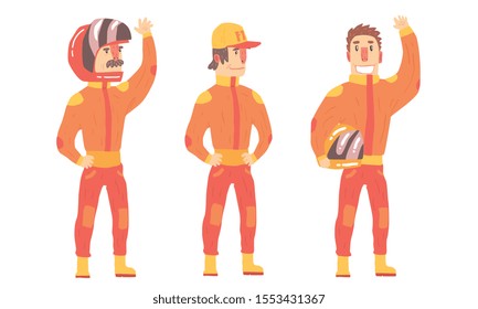 Men in orange rider suits. Vector illustration.