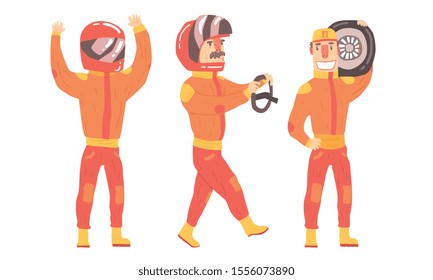 Men in orange rider suits. Vector illustration