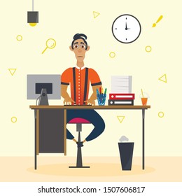 Men in Orange Shirt Sits at Table in Office. Design Studio. Office Interior. Creative Designer. Creative Appearance. Graphic Developers. Vector Illustration. Design Project. Project Work. Hand on Key.