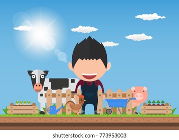 Men organic agriculture Smart farm. Flat vector illustration. 