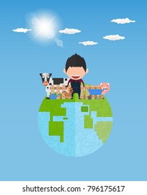 Men organic agriculture Smart farm on world Flat vector illustration. 