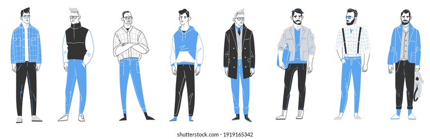 Men outline characters. Male people elegant street look, trendy fashion clothes, casual outfits, business, sport and free styles. Vector set