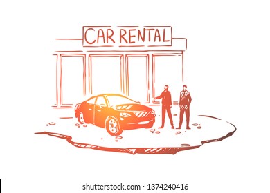 Men outside dealership center, customer and salesman, trader, luxury auto shop, vehicle showroom