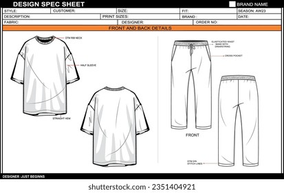 MEN OVER SIZE T SHIRT WITH JOGGER SET DRESS FLAT SKETCH FASHION TEMPLATE TECHNICAL DRAWING ILLUSTRATION