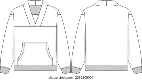 Men Oversize Japan Streetwear Sweater Kimono neckline, long sleeves,  kangaroo pocket, rib cuff and bottom band rib, sketch front and back, vectors